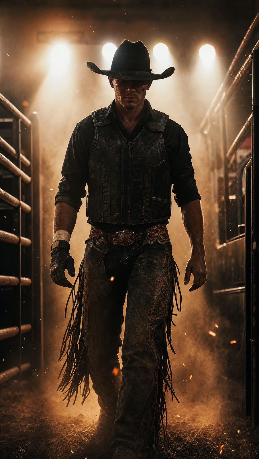 Cowboy walking out under arena lights